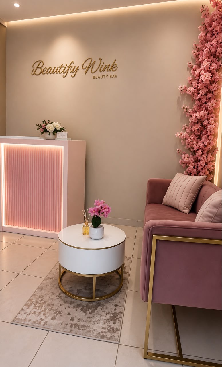 Beautifly Wink Beauty Bar reception with rose-gold signage