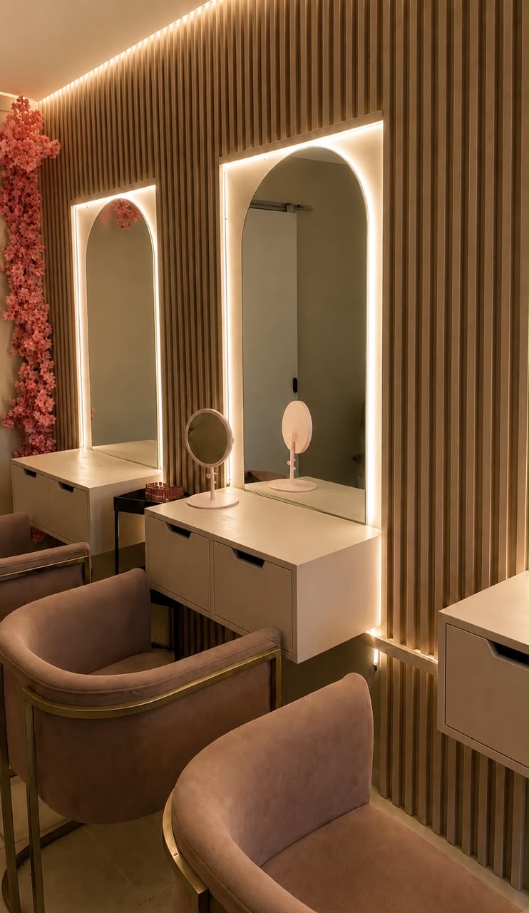 Backlit arched mirrors in the Beautifly Wink studio